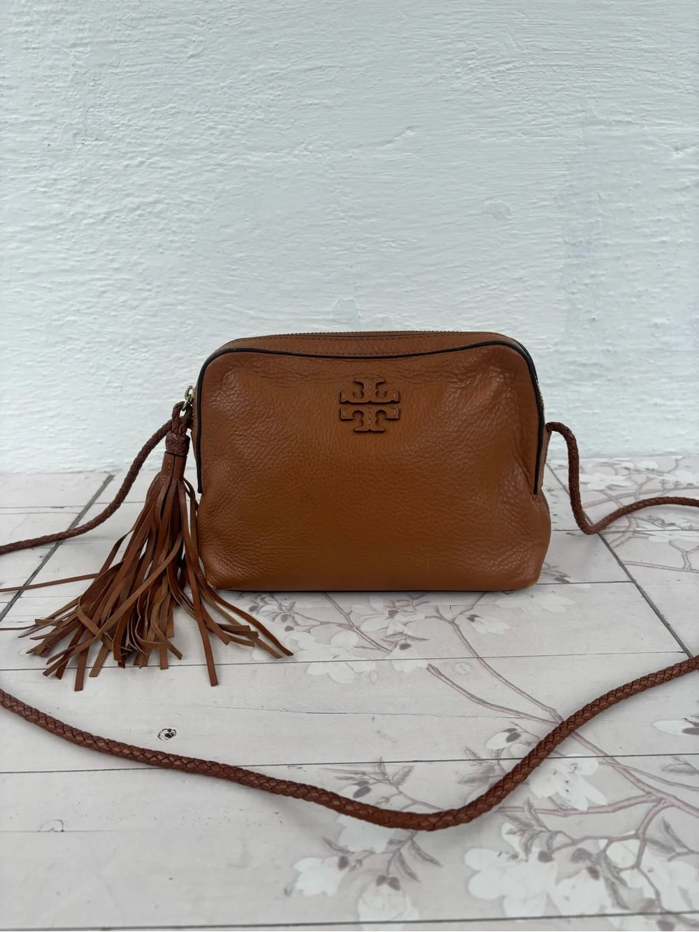 Tory Burch Cognac Leather Crossbody with Tassel
